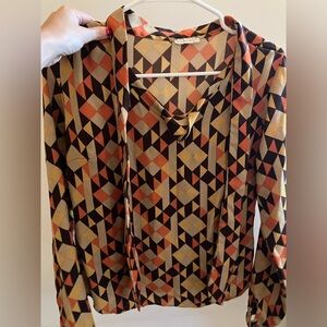 70s multicolored funky pattern long sleeve light shirt yellow orange brown